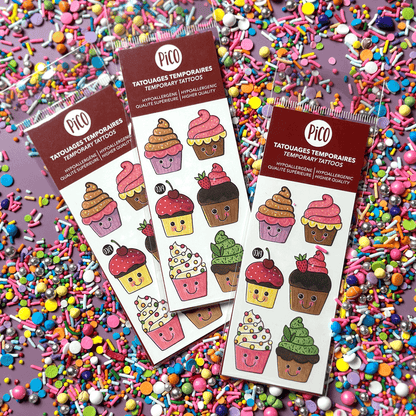 Pico Tatoo - Les petits gâteaux gourmands tatouages temporaires colorés, design kawaii, vue de face sur fond multicolore confettis