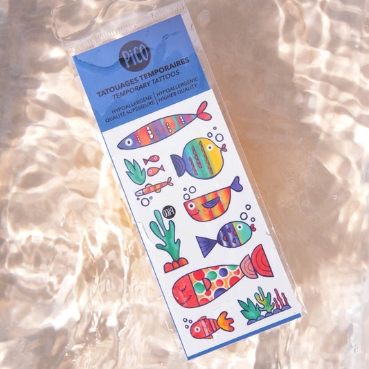 Tatouages temporaires Pico Tatoo - Les poissons multicolores, dessins colorés, format 2x4 pouces, vue de face, enfant.
