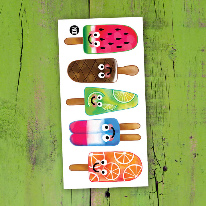 Feuille de tatouages temporaires Pico Tatoo - Les pops colorés, motifs glaces colorées, style cartoon, vue de face.