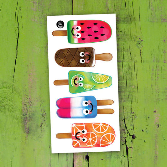 Feuille de tatouages temporaires Pico Tatoo - Les pops colorés, motifs glaces colorées, style cartoon, vue de face.