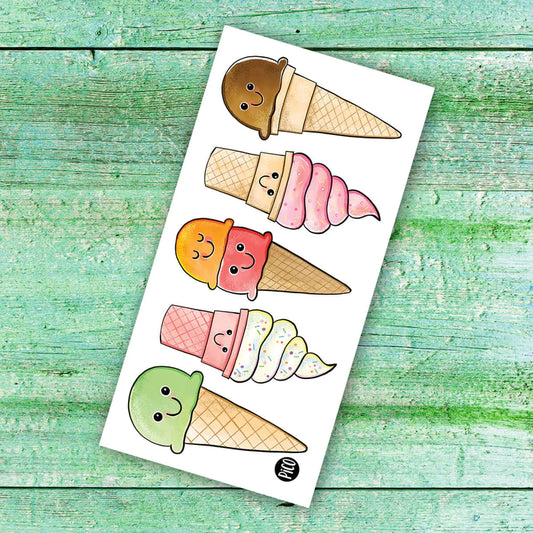 Feuille de tatouages temporaires Pico Tatoo - Les savoureux cornets avec glaces chocolat, fraise, vanille, orange et pistache, vue de face.