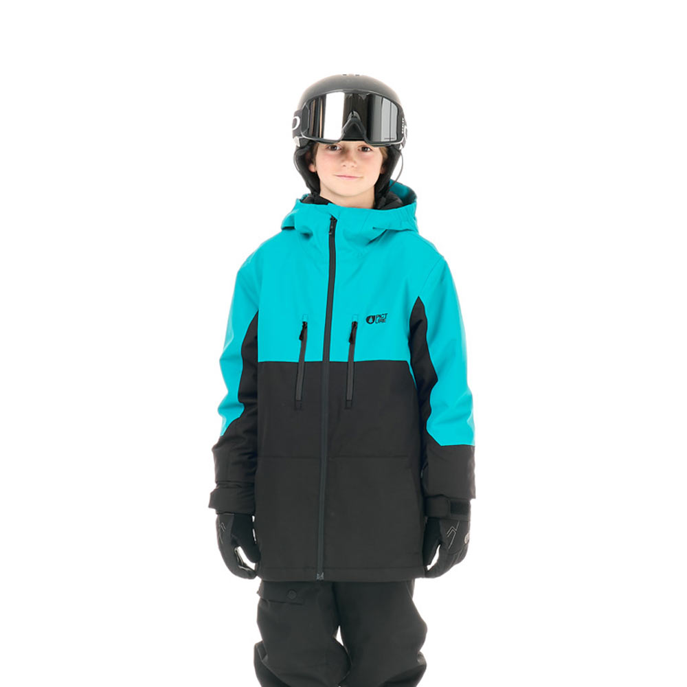 Manteau d'hiver Cossmo - Picture Organic Clothing bicolore bleu turquoise et noir, coupe droite avec capuche, porté par un enfant, vue de face.