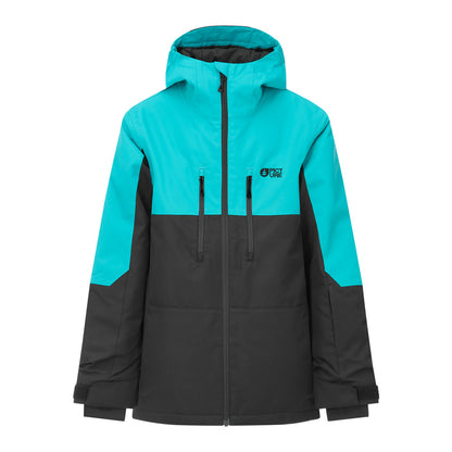 Manteau d'hiver Cossmo - Picture Organic Clothing, coupe droite bicolore bleu turquoise et noir, à capuche, vue de face, style outdoor hiver.