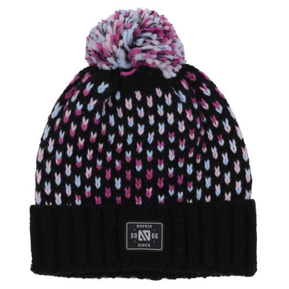 Tuque d'hiver - Nanö noire à motifs tricots roses, blancs et violets avec pompon bicolore, en laine, vue de face.