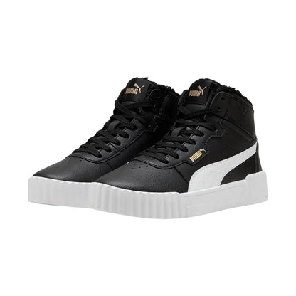 Bottillons doublés Carina 3.0 Mid - Puma noirs et blancs en cuir synthétique avec fourrure intérieure, pour enfant, vue de trois quarts face.