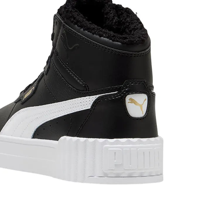 Bottillons doublés Carina 3.0 Mid - Puma noirs avec bande blanche, intérieur en fourrure, style montante, vue gros plan arrière.