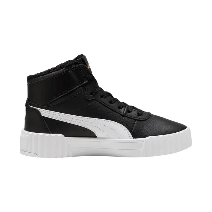 Bottillons doublés Carina 3.0 Mid - Puma noirs et blancs en cuir synthétique avec semelle épaisse, style enfant, vue de profil droit.