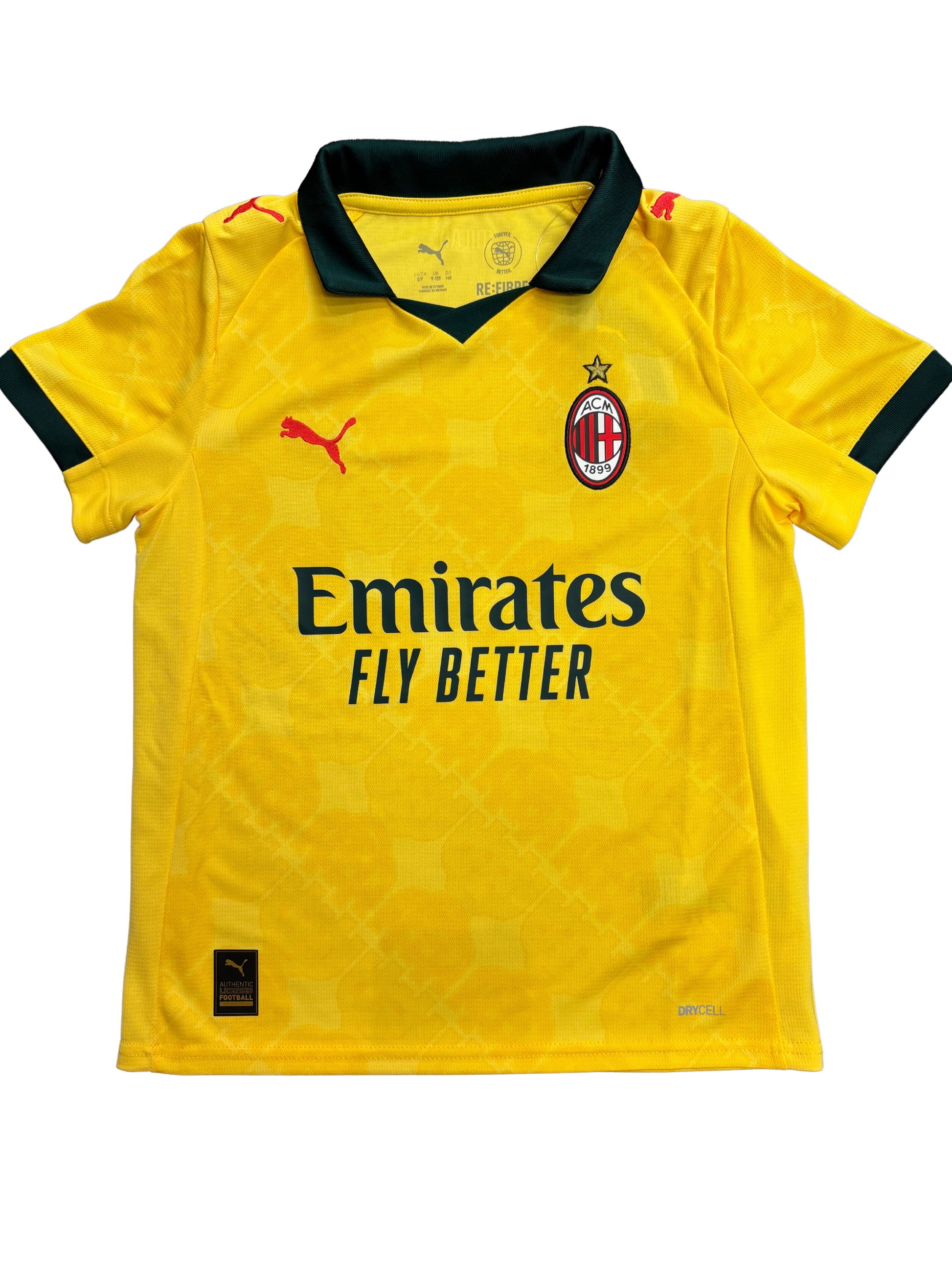 Jersey AC Milan - Puma jaune à col noir en tissu technique, logo club et sponsor, pour garçon, vue de face