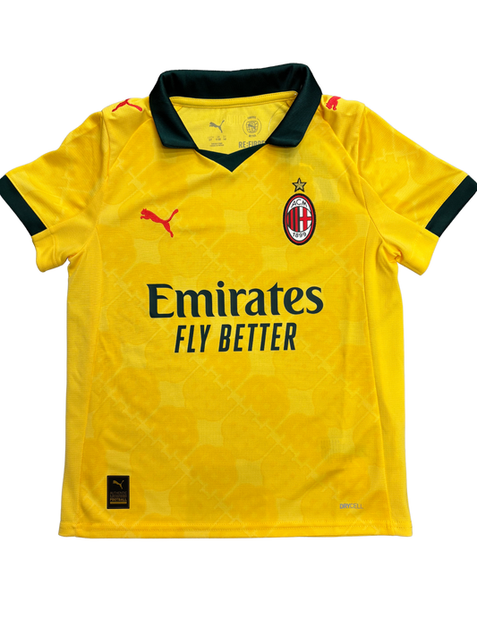 Jersey AC Milan - Puma jaune à col noir en tissu technique, logo club et sponsor, pour garçon, vue de face