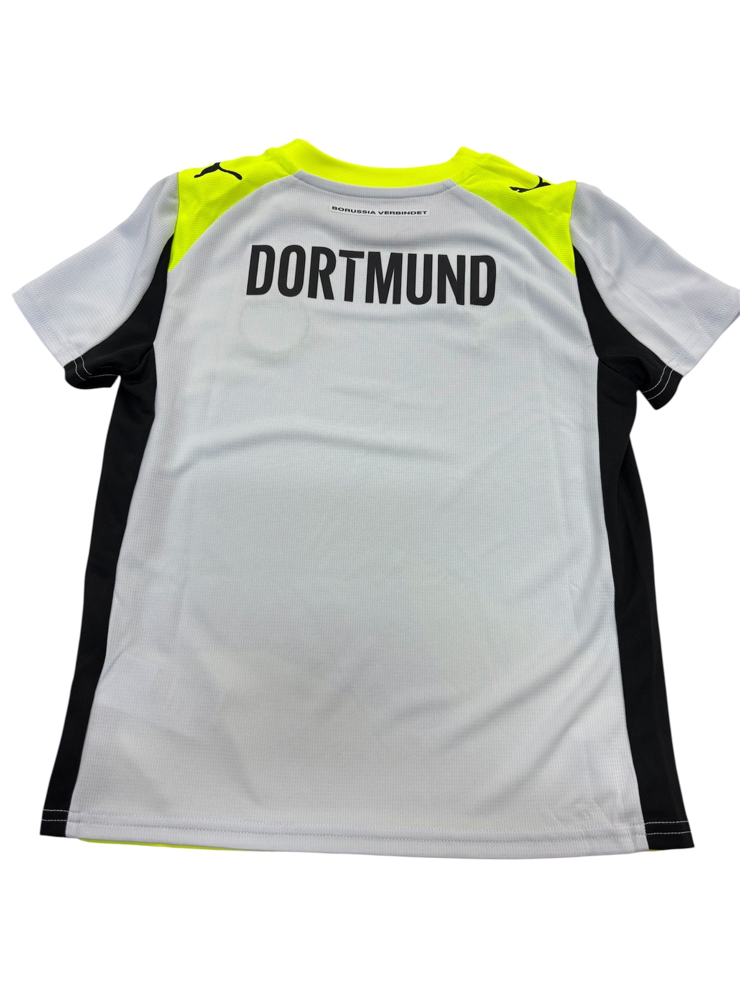 Jersey Borussia Dortmund - Puma blanc, noir et jaune fluo, manches courtes, polyester, pour garçon, vue de dos avec inscription DORTMUND.