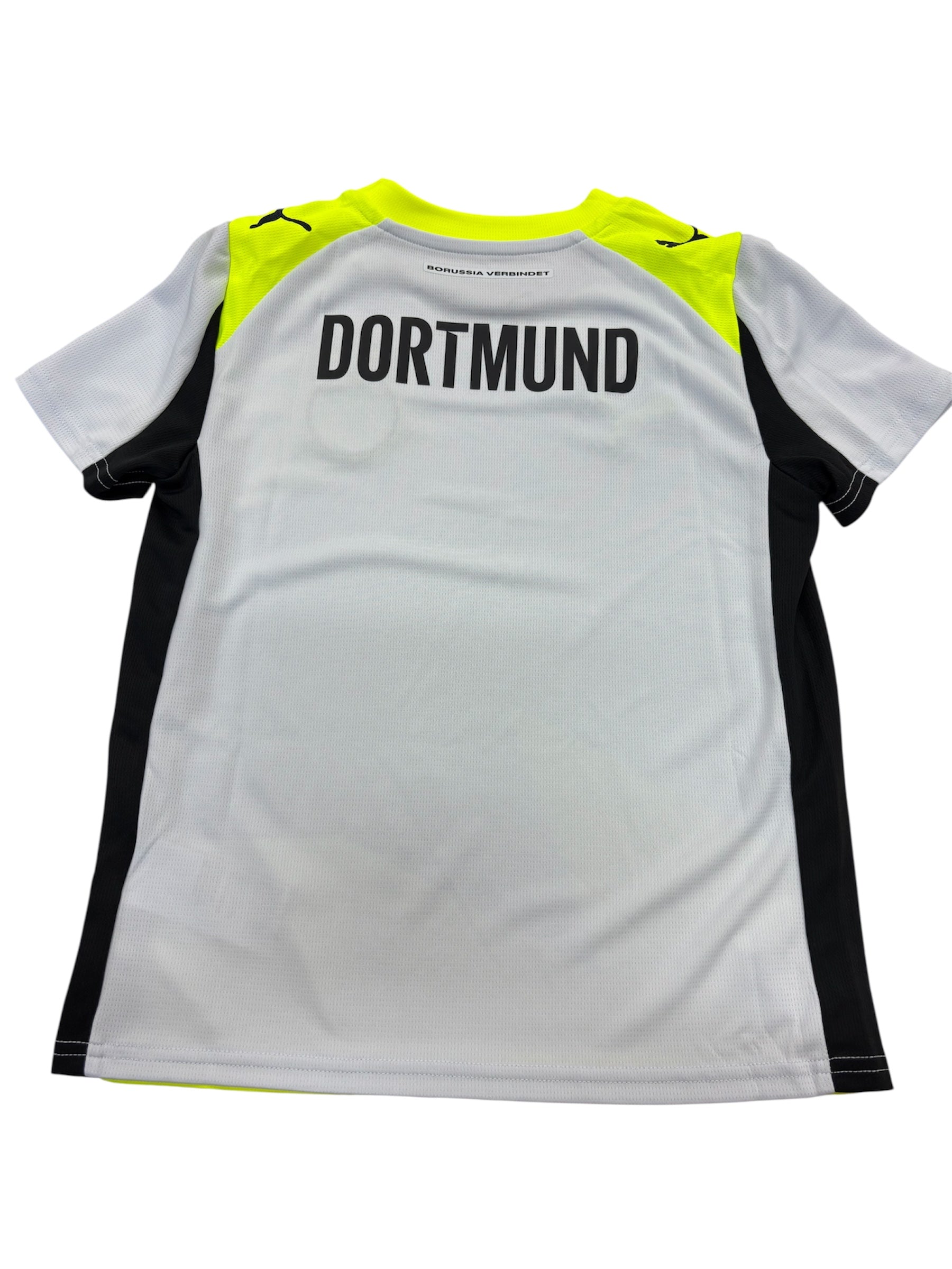 Jersey Borussia Dortmund - Puma blanc, noir et jaune fluo, manches courtes, polyester, pour garçon, vue de dos avec inscription DORTMUND.