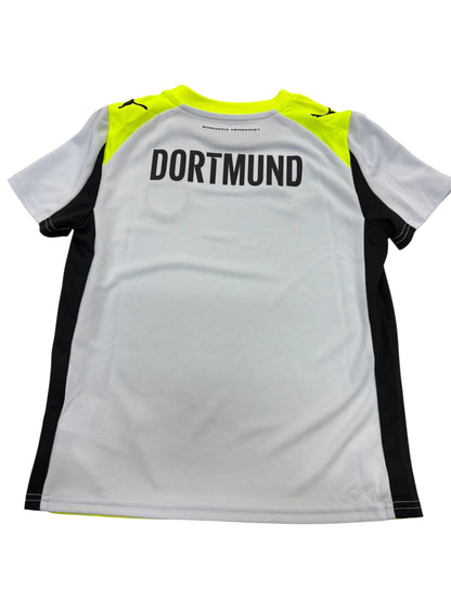 Jersey Borussia Dortmund - Puma blanc, noir et jaune fluo, manches courtes, polyester, pour garçon, vue de dos avec inscription DORTMUND.
