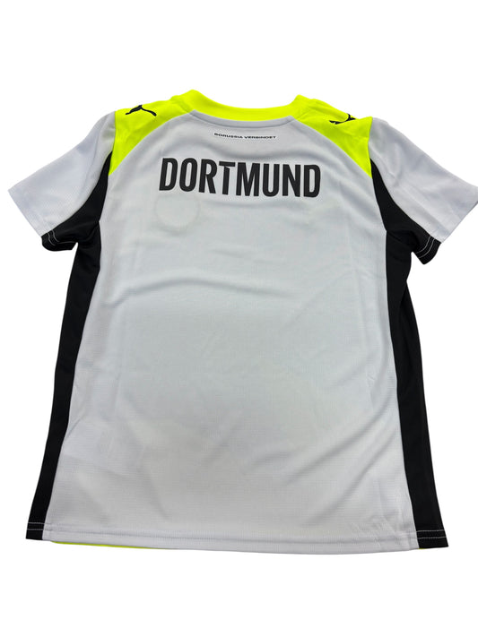 Jersey Borussia Dortmund - Puma blanc, noir et jaune fluo, manches courtes, polyester, pour garçon, vue de dos avec inscription DORTMUND.