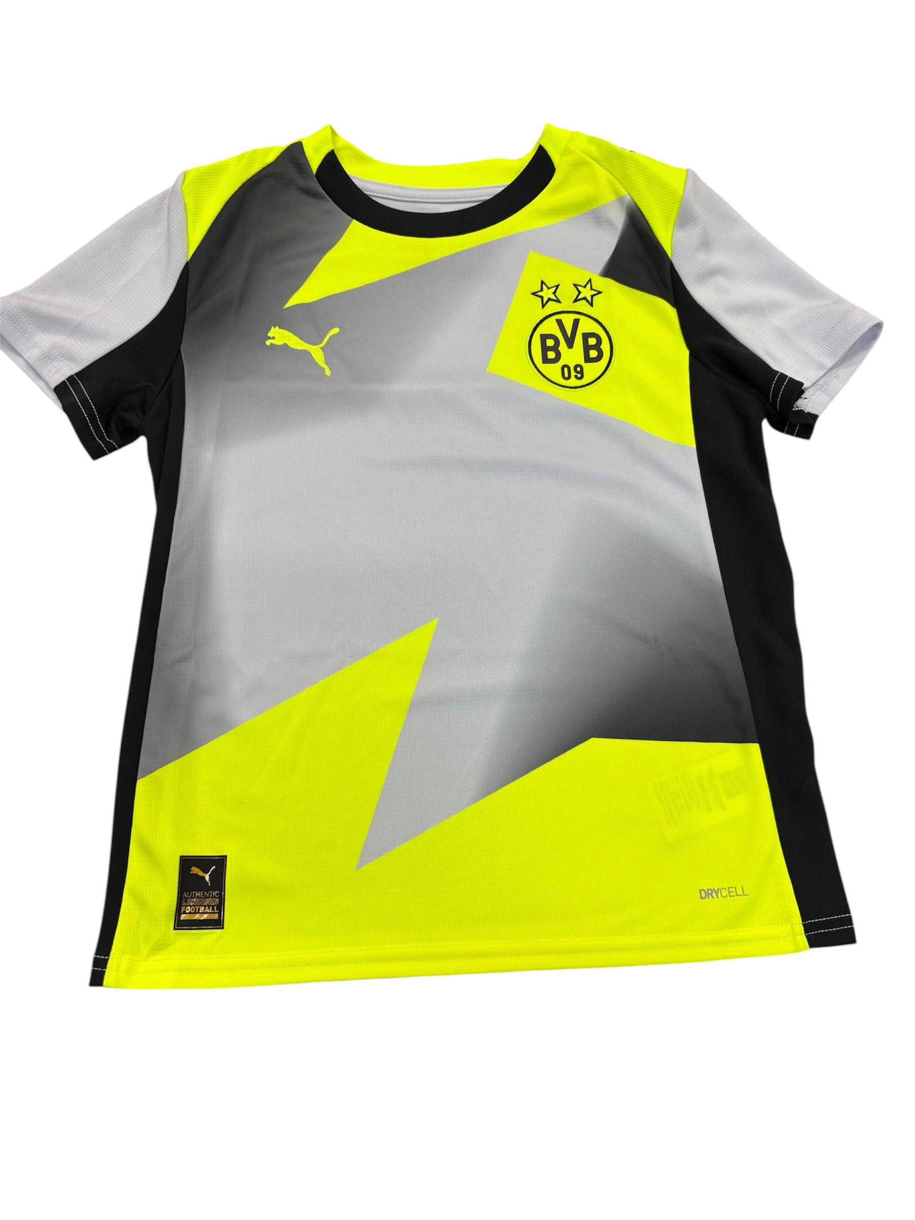 Jersey Borussia Dortmund - Puma jaune fluo, gris et noir en polyester, pour garçon, vue de face, manches courtes.