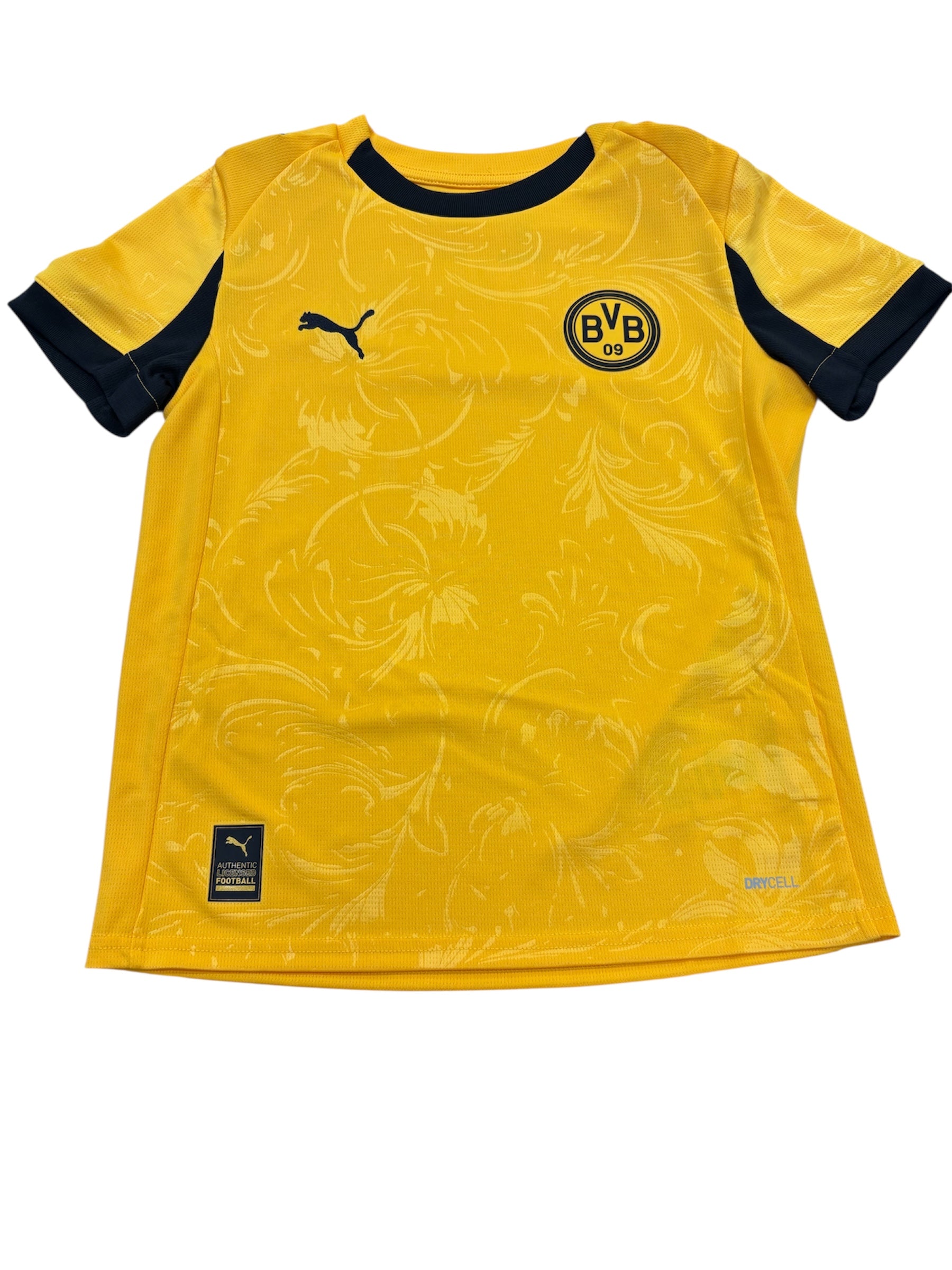 Jersey Borussia Dortmund - Puma jaune avec motifs discrets ton sur ton, col et manches noires, pour garçon, vue de face.