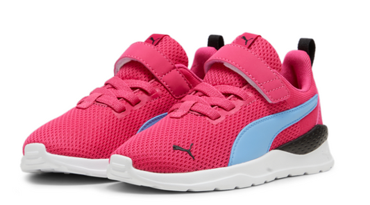 Espadrilles - Anzarun Lite Puma roses et bleues en mesh léger avec bande auto-agrippante, pour enfant, vue de profil avant.