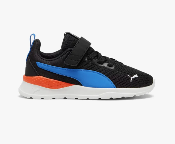 Espadrilles Anzarun Lite - Puma noires avec bande bleue et détails orange, mesh respirant, enfant, vue de profil droit.