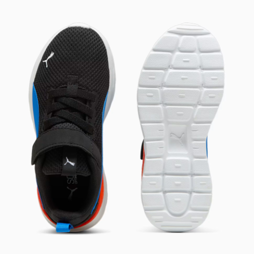 Espadrilles Anzarun Lite - Puma noires et bleues avec détails rouges, mesh léger, semelle blanche, pour enfant, vue dessus et dessous