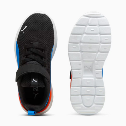 Espadrilles Anzarun Lite - Puma noires et bleues avec détails rouges, mesh léger, semelle blanche, pour enfant, vue dessus et dessous