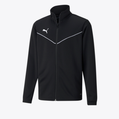 Veste TEAMRISE - Puma noire en polyester avec détails blancs, col montant, style sport pour garçon, vue de face.