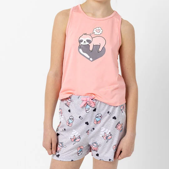 Pyjama - M.I.D ensemble enfant composé d'un débardeur rose avec paresseux et short gris à motifs animaux.