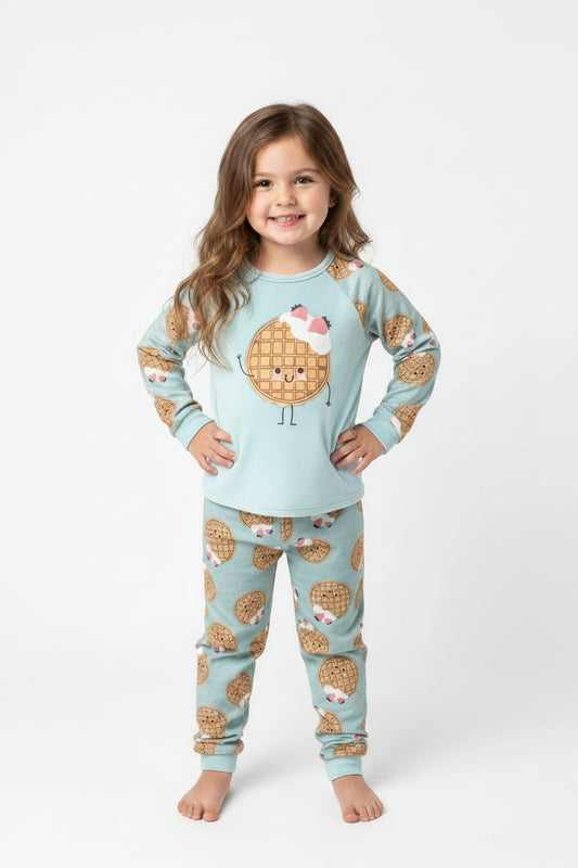 Pyjama - M.I.D turquoise à manches longues pour fille avec motifs de biscuits et de pâtisseries vue de face