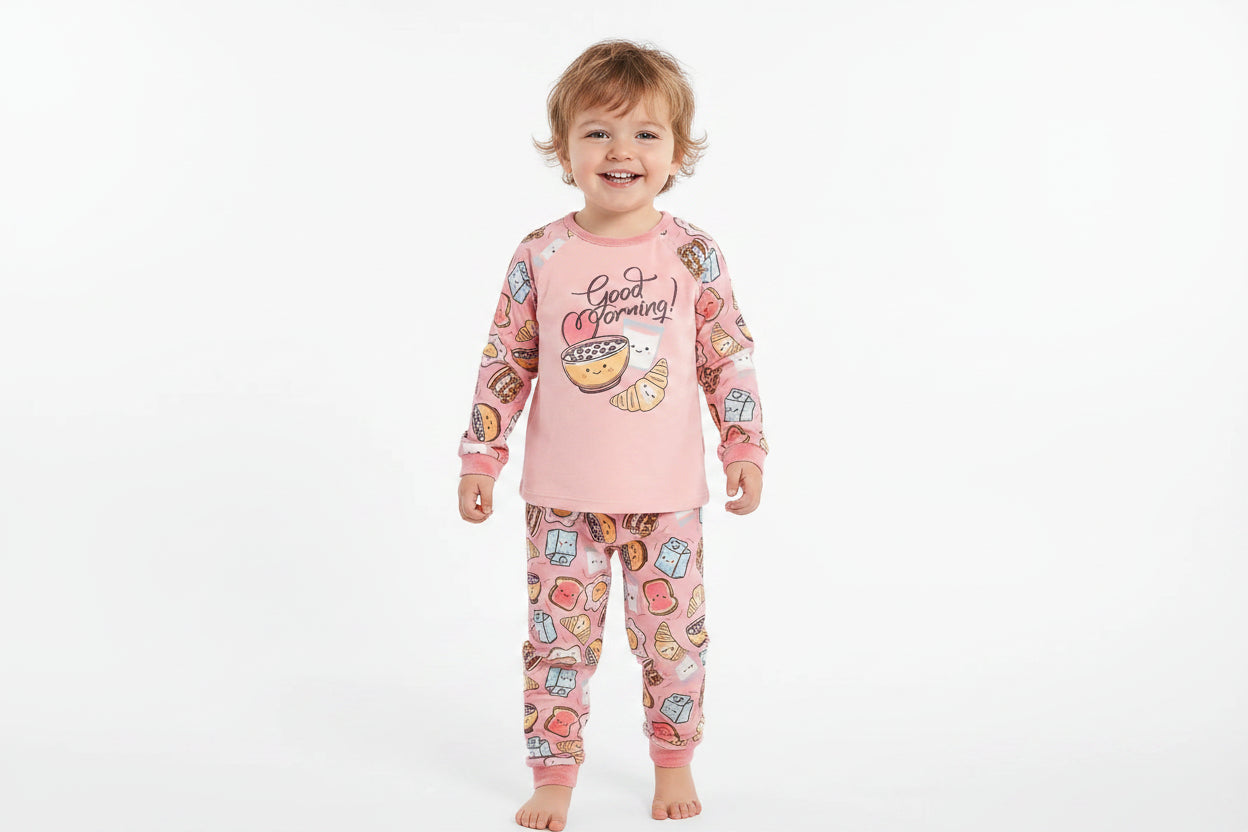 Pyjama - M.I.D rose à manches longues avec motifs fantaisie pour fille enfant porté de face