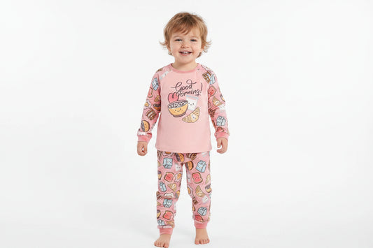Pyjama - M.I.D rose à manches longues avec motifs fantaisie pour fille enfant porté de face