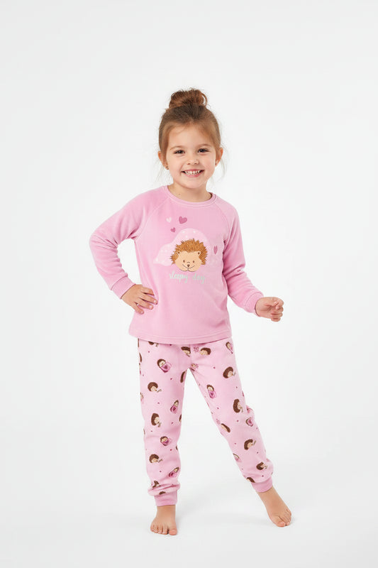 Pyjama Rose - M.I.D rose à manches longues et pantalon imprimé, pour fille, porté par un enfant, vue de face