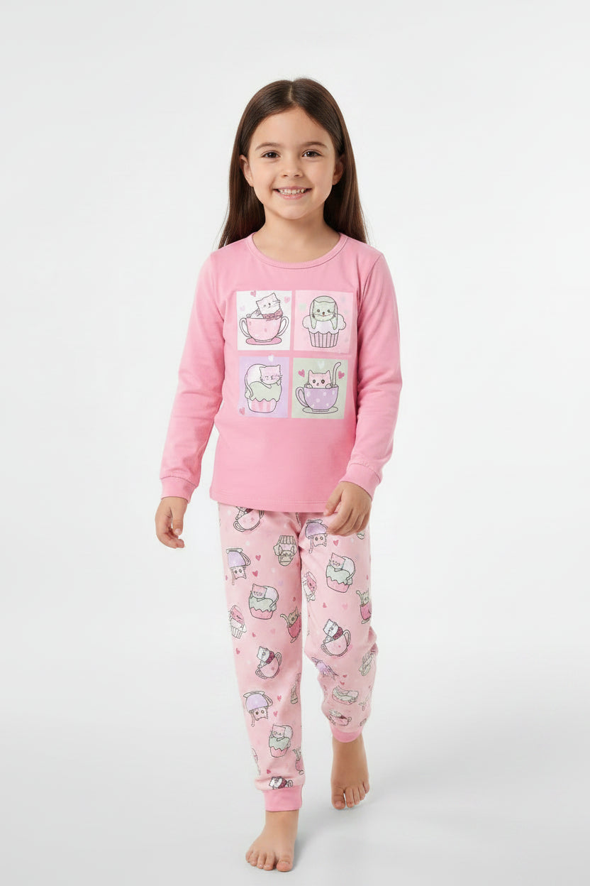 Pyjama - M.I.D rose à manches longues avec motifs de chats pour fille vue de face