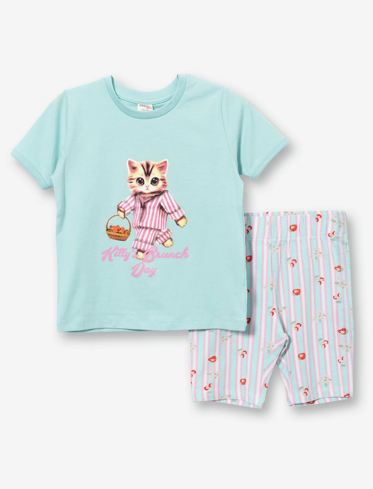 Pyjama 2 Pièces - Mandarine & Co bleu clair avec motif chat en pyjama rose et bas rayé blanc, rose et bleu, pour enfant, vue de face