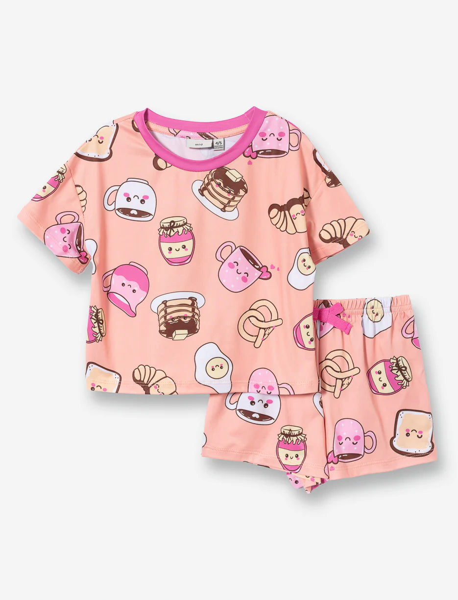 Pyjama - M.I.D en polyester orange avec motifs petit-déjeuner rose et beige, ensemble short et t-shirt, vue de face.
