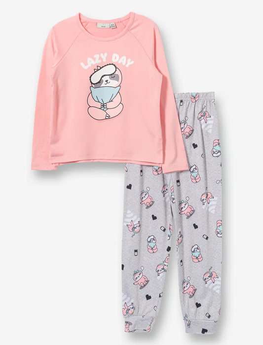 Pyjama - M.I.D en polyester rose à manches longues avec motif ours gris sur tee-shirt et pantalon gray à motifs, vue de face portée enfant