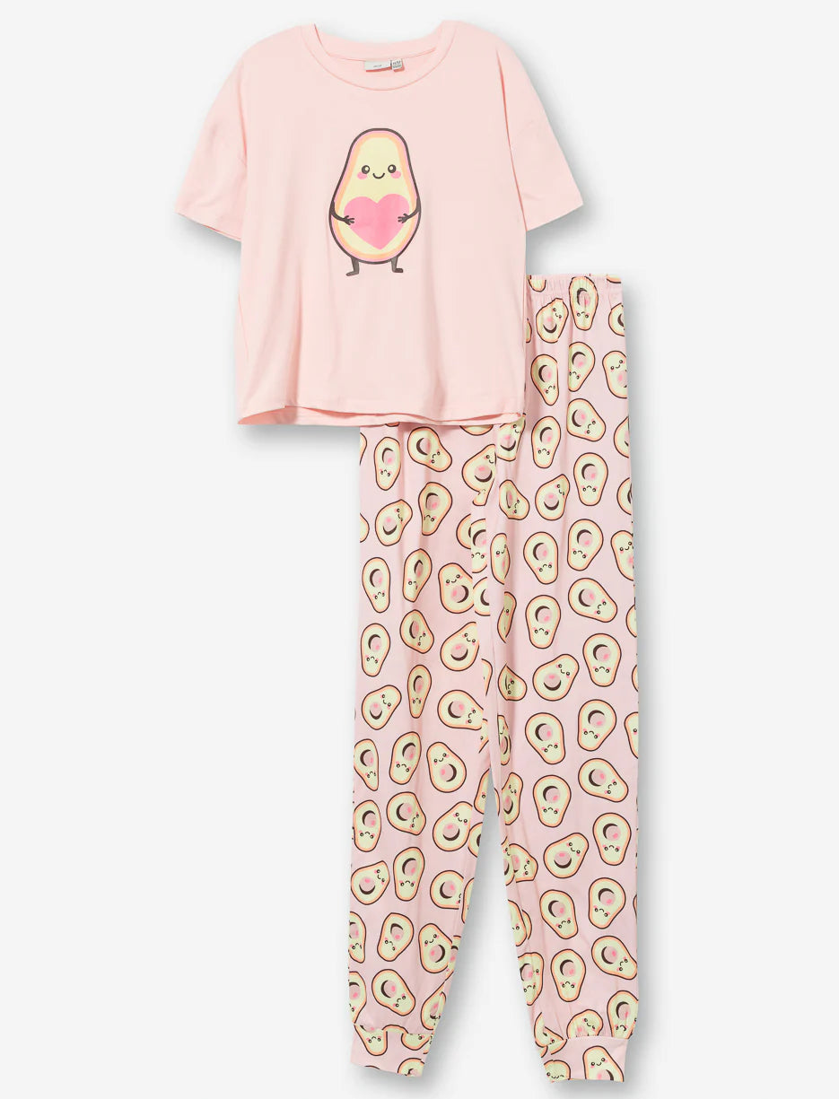 Pyjama - M.I.D rose clair avec motifs avocat jaunes et verts, style deux pièces, en polyester et élasthanne, vue de face et de dos