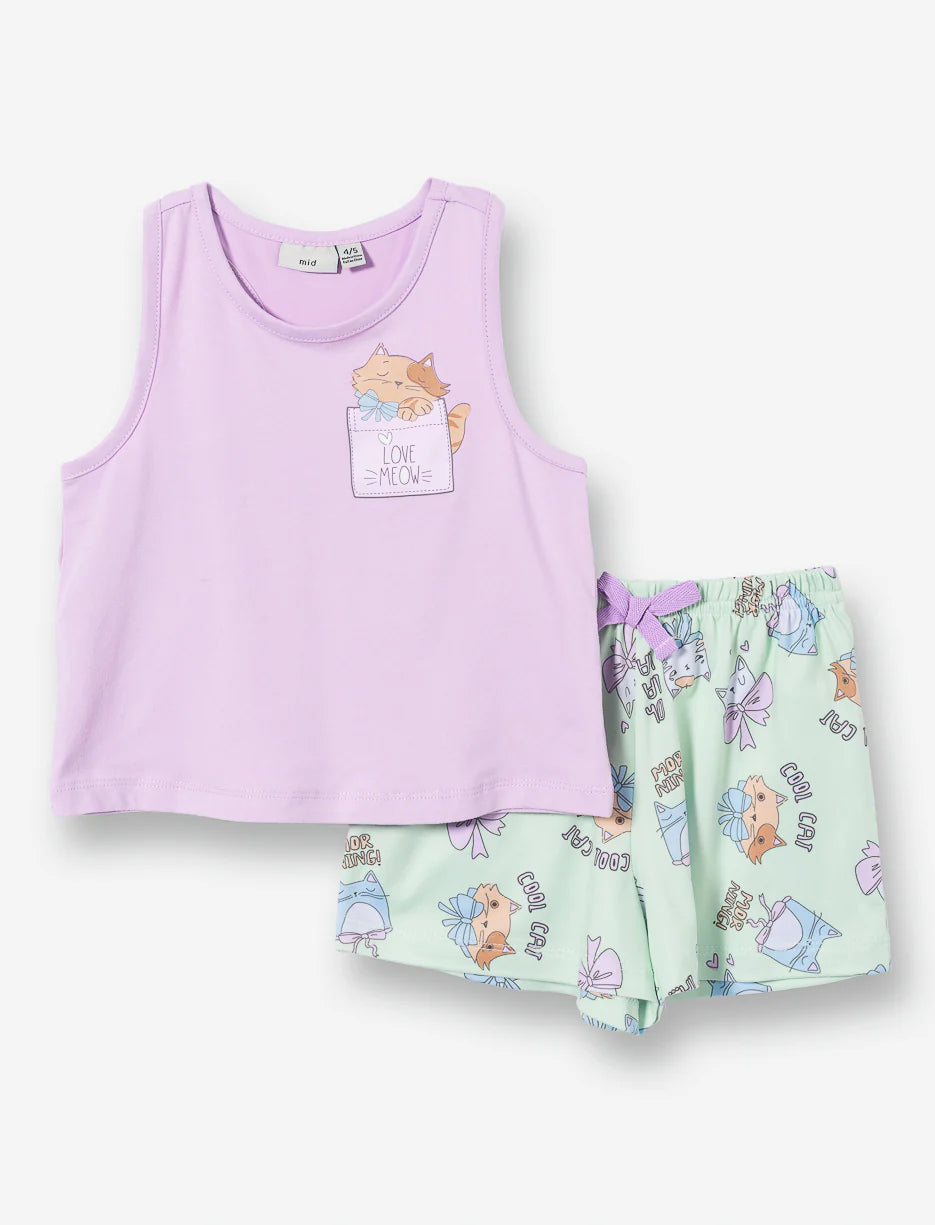 Pyjama - M.I.D débardeur violet avec poche et shorts verts à motifs chats, pour enfant, vue de face