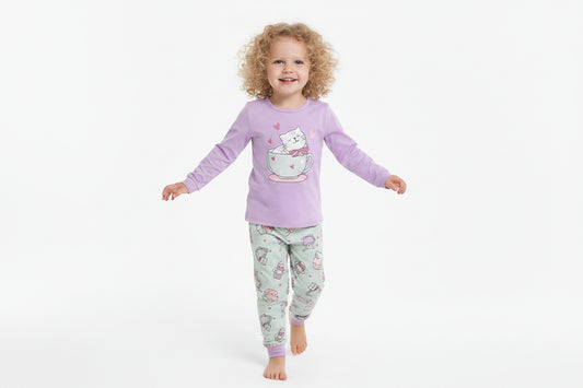 Pyjama - M.I.D violet à manches longues avec motifs et pantalon imprimé vert pâle pour fille enfant vue de face porté par mannequin