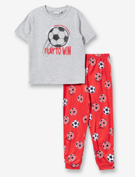 Pyjama - M.I.D en polyester gris avec t-shirt soccer et pantalon rouge à motifs ballons de football, pour enfant, vue de face