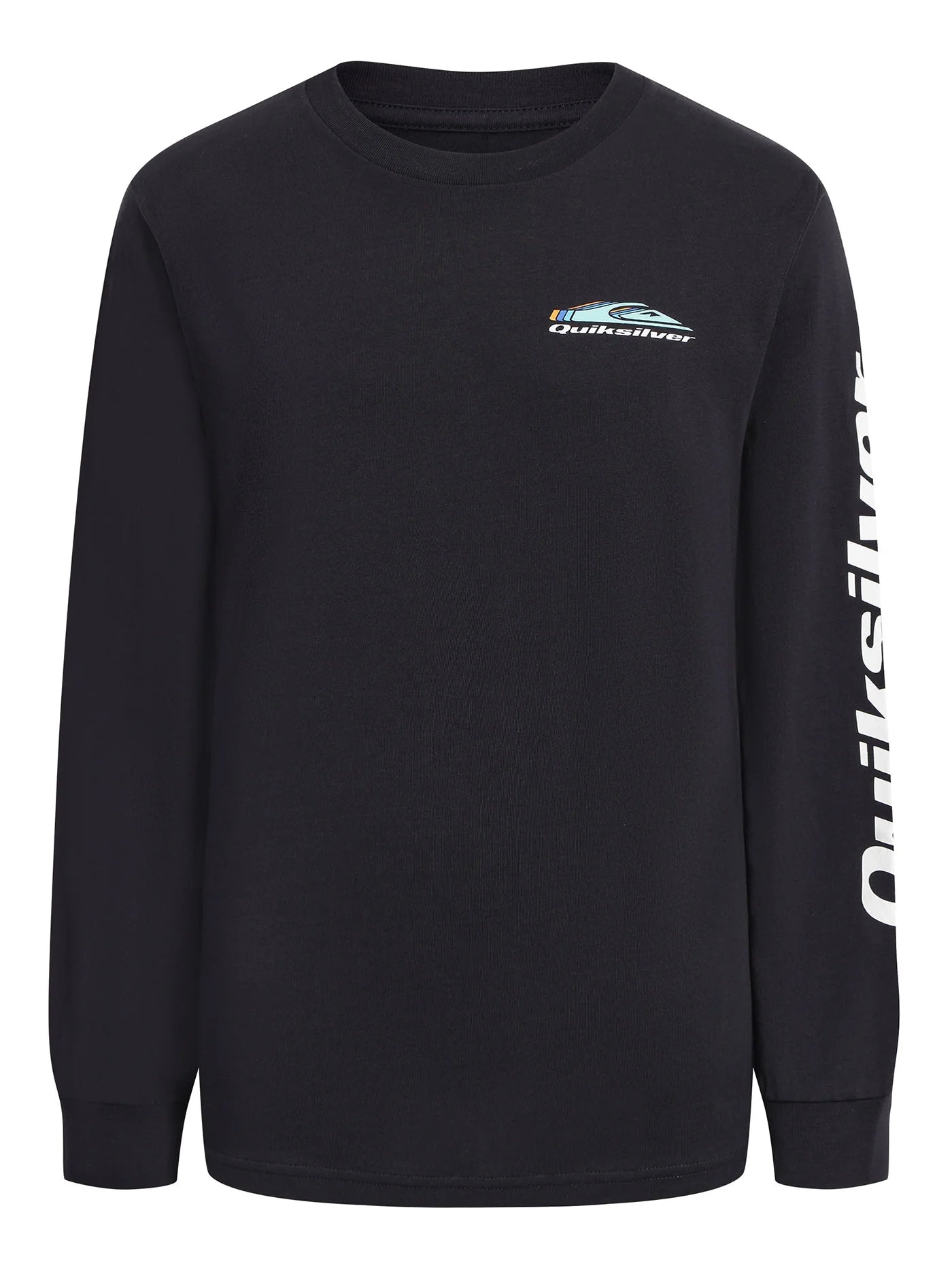 Chandail - Quiksilver noir en jersey coton-polyester, logo sur poitrine et manche, pour garçon, vue de face.