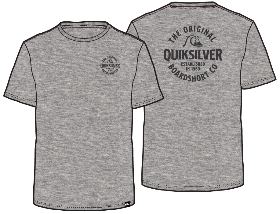 T-Shirt - Quiksilver gris chiné en coton 100%, logo noir devant et dos, style garçon, vue de face et dos.