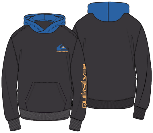 Hoodie - Quiksilver noir et bleu avec logo orange, style garçon, capuche doublée, vue de face et dos