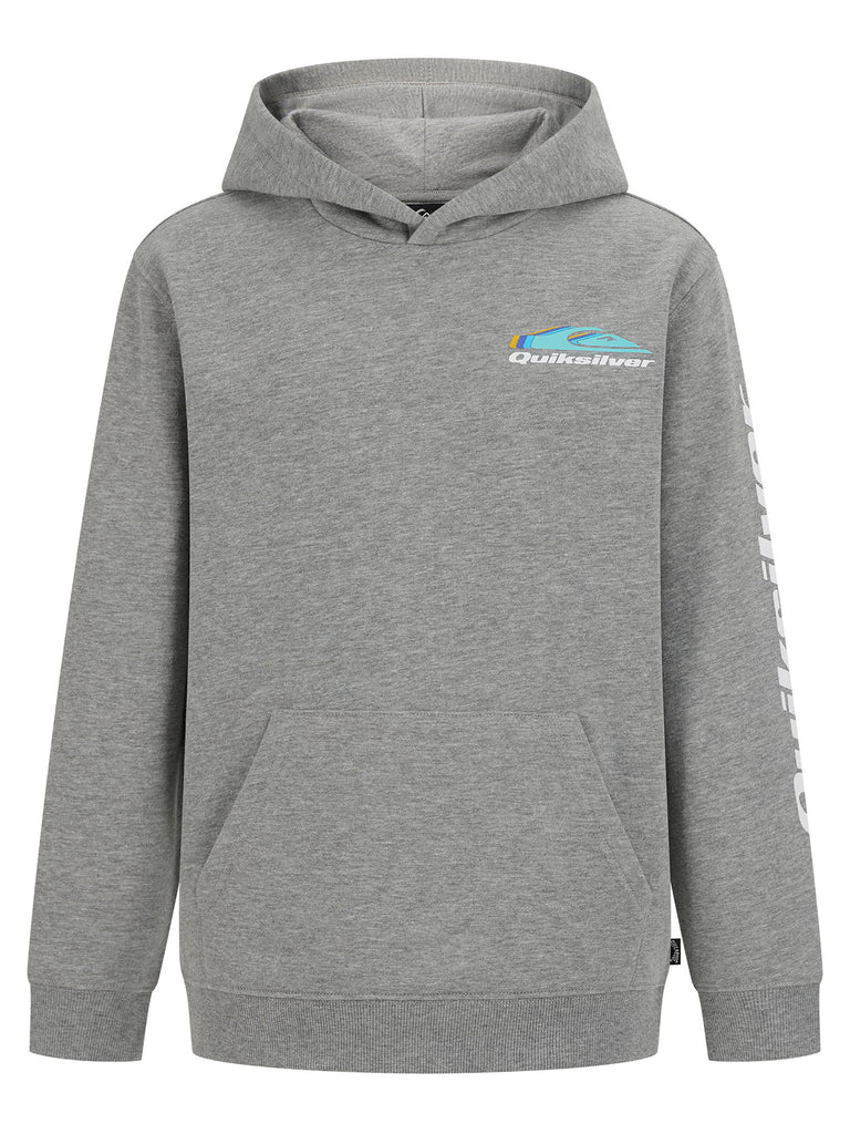Hoodie - Quiksilver gris chiné en coton polyester avec logo bleu et blanc, pour garçon, vue de face manches longues
