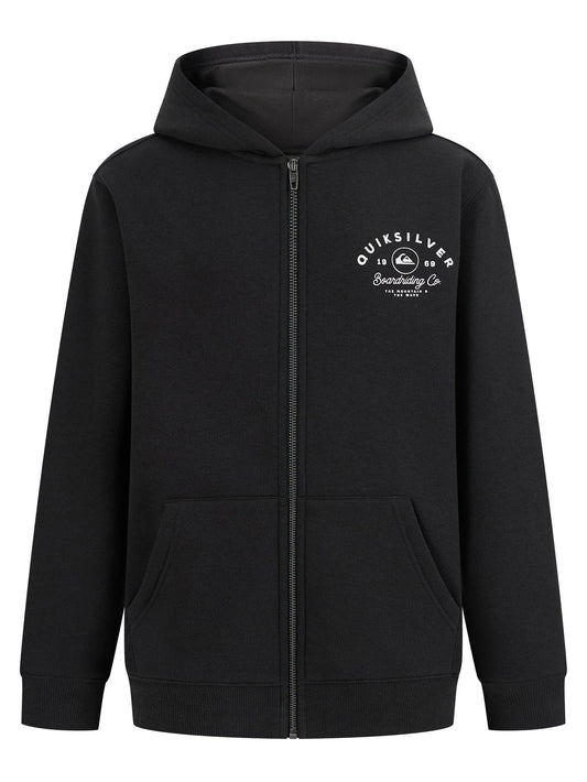 Veste - Quiksilver noire en coton et polyester, logo blanc poitrine, à capuche, pour garçon, vue de face.