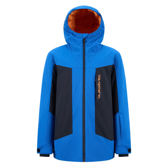 Manteau d'hiver - Quiksilver bleu et noir avec capuchon orange, tissu polyester, imperméable, garçon, vue de face.