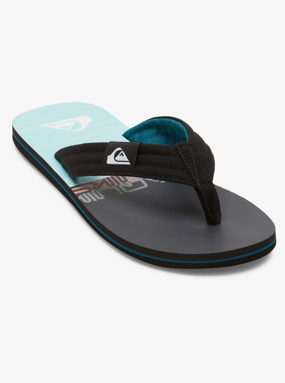 Sandales Molokai Layback II - Quiksilver bleu clair et noir, style tong, bande en tissu, vue de côté droit