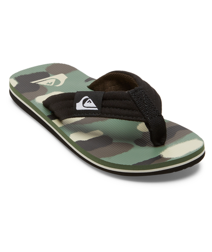 Sandales Molokai Layback II - Quiksilver vert camouflage avec bride noire en tissu, vue en angle, style flip flop unisexe adulte.