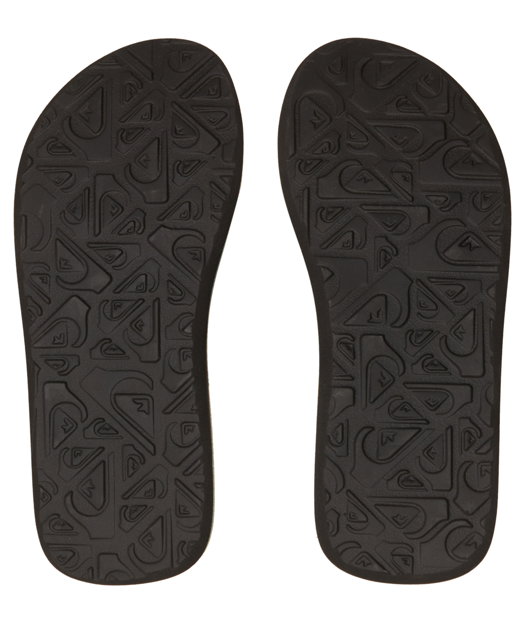 Sandales Molokai Layback II - Quiksilver semelles en caoutchouc noir avec motifs logo, vue de dessous des deux pieds.