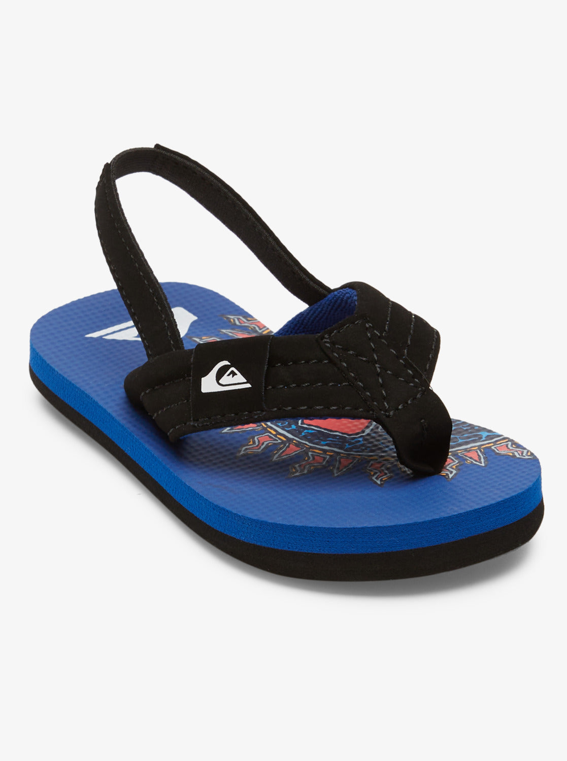 Sandales Molokai Layback - Quiksilver bleu et noir, empeigne nubuck, détail graphique, vue diagonale de face enfant.