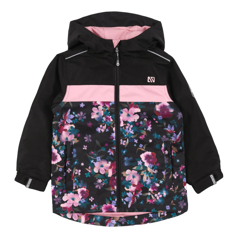 Manteau Mi-Saison Ashley - Nanö noir et rose avec motifs floraux, capuche, fermeture zippée, pour enfant, vue de face