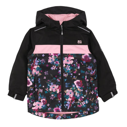 Manteau Mi-Saison Ashley - Nanö noir et rose avec motifs floraux, capuche, fermeture zippée, pour enfant, vue de face