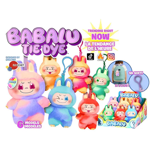 Peluches Babalu Tie Dye - Ricochet multicolores en tissu doux, visage en plastique, porte-clés pour enfant, vue de face et détail.